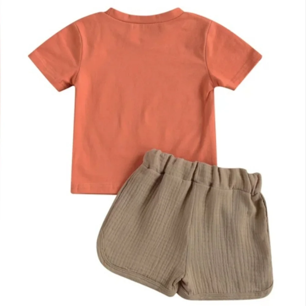Retro Here Comes The Sun Short Set Sz 2T Peach Beige Muslin Gauze Neutral 2Pc
